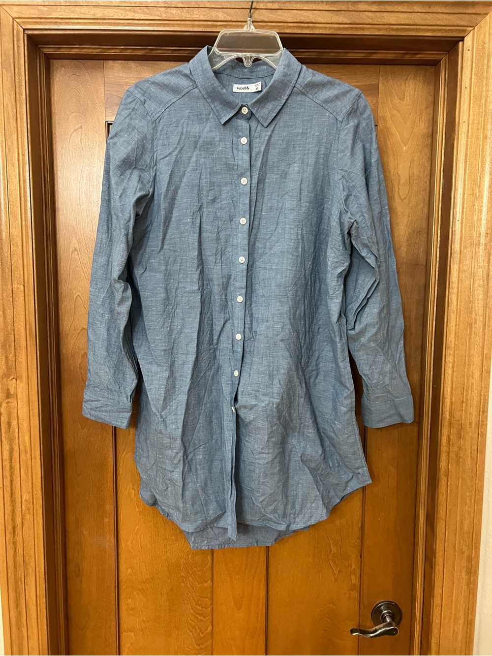 Wool& Merino Wool and Linen Blue Chambray Button-Front Mini Dress Size XL